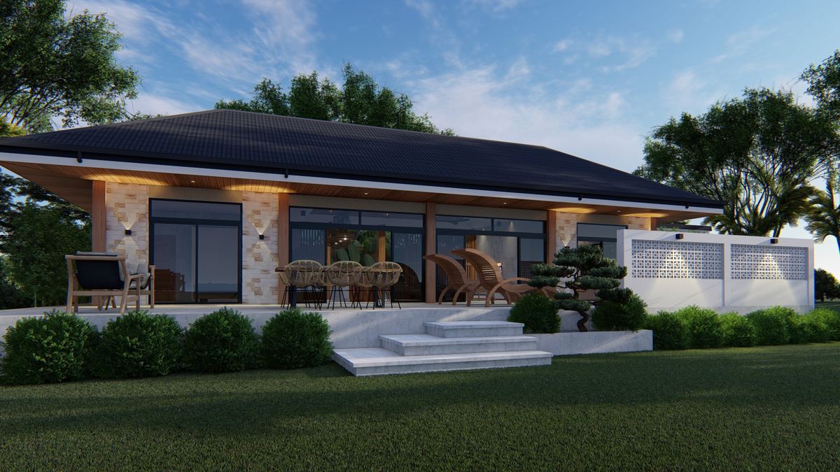 Supplied illustrative render of the main home with a wide terrace