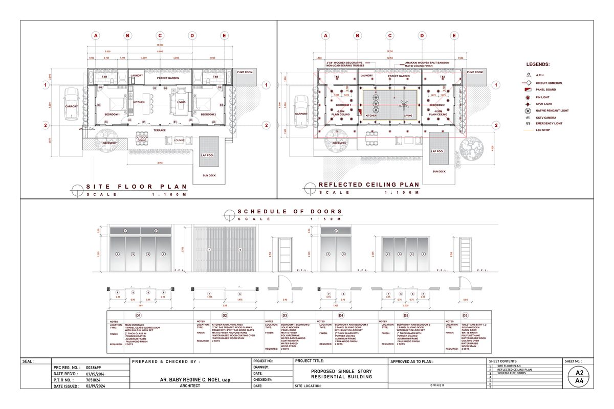 A2 technical drawing preview: earlier floor layout, reflected ceiling plan and door schedule, with privacy information removed