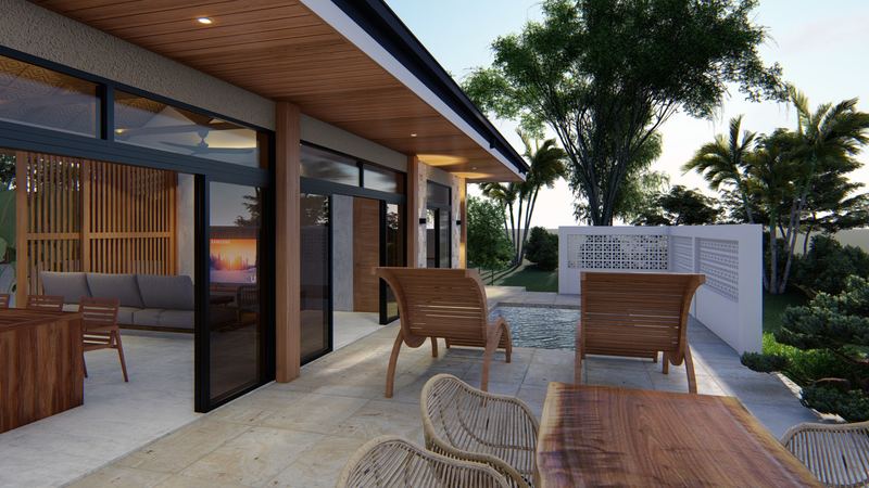 Supplied render of the covered terrace and pool